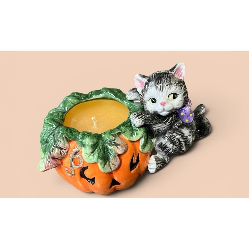 Fitz & Floyd Essentials Halloween Kitty Pumpkin Candle Holder Jar Jack-O-Lantern - Picture 3 of 12